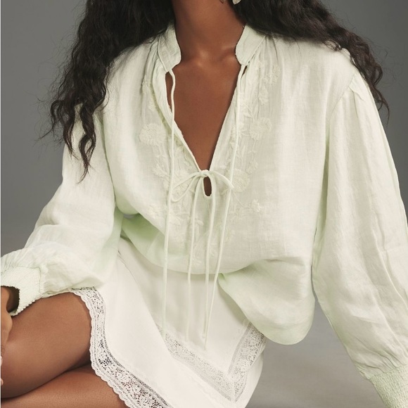 By Anthropologie Linen Long-Sleeve Blouse Mint NWT Size Large Petite - Picture 9 of 9